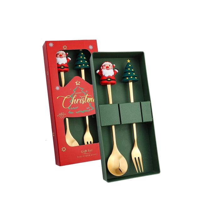 Juego de cuchara y tenedor navideños con adornos navideños: utensilios de postre de acero inoxidable de 15,5 cm, diseños de corona de ciervo y árbol, vajilla en caja de regalo para fiestas.