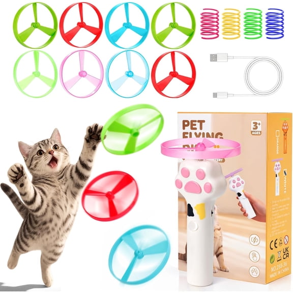 BESTSKY Cat Toy Disc Launcher,Rechargeable Interactive Cat Fetch Toy Launcher with 8 Flying Discs,Flying Enrichment Toys for Indoor Bored Kittens & Adult Cats (White)