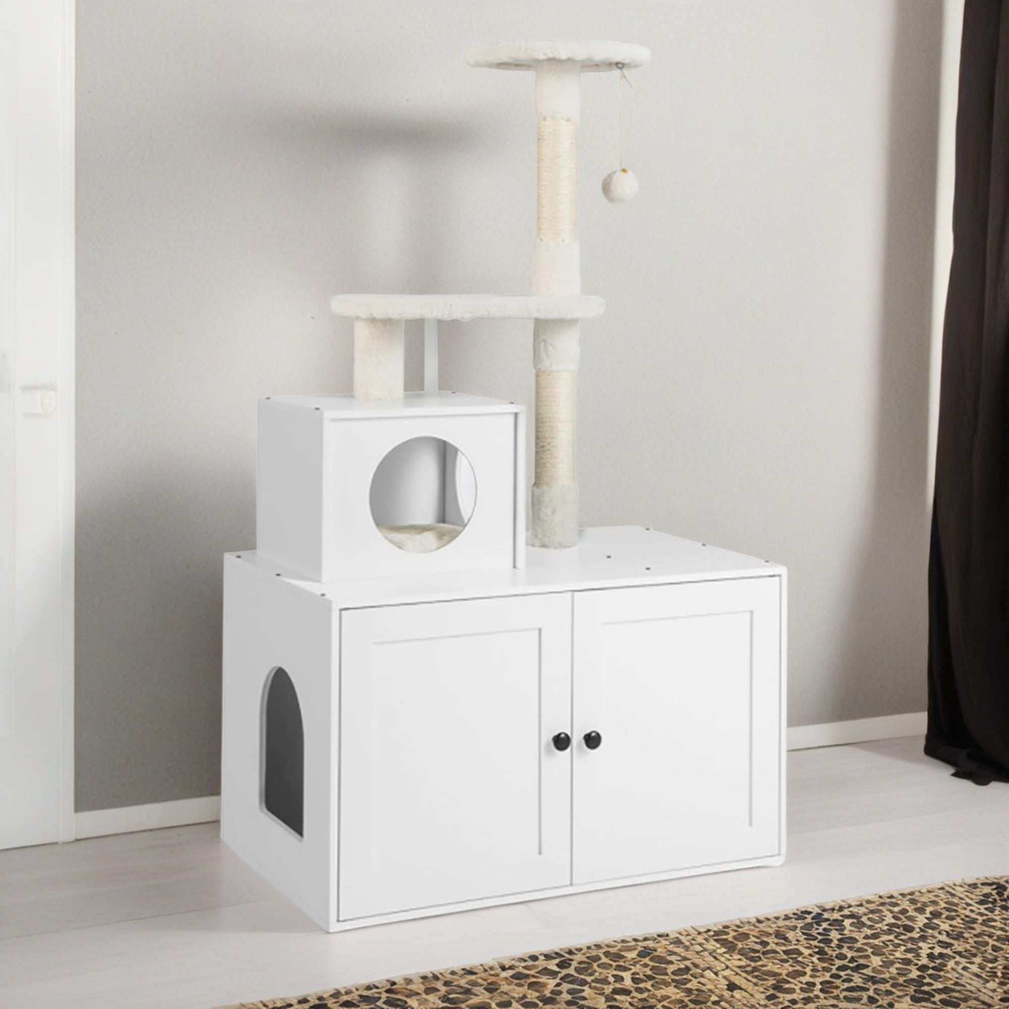 resenkos 52" Cat Tree with Wood Litter Box Enclosure, All-in-one Indoor Cat Furniture with Large Platform and Condo, Modern Style Cat Tower, White