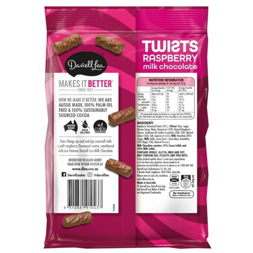Darrell Lea Chocolate Coated Raspberry Liquorice Twists 200g, British Import (Pack of 6)
