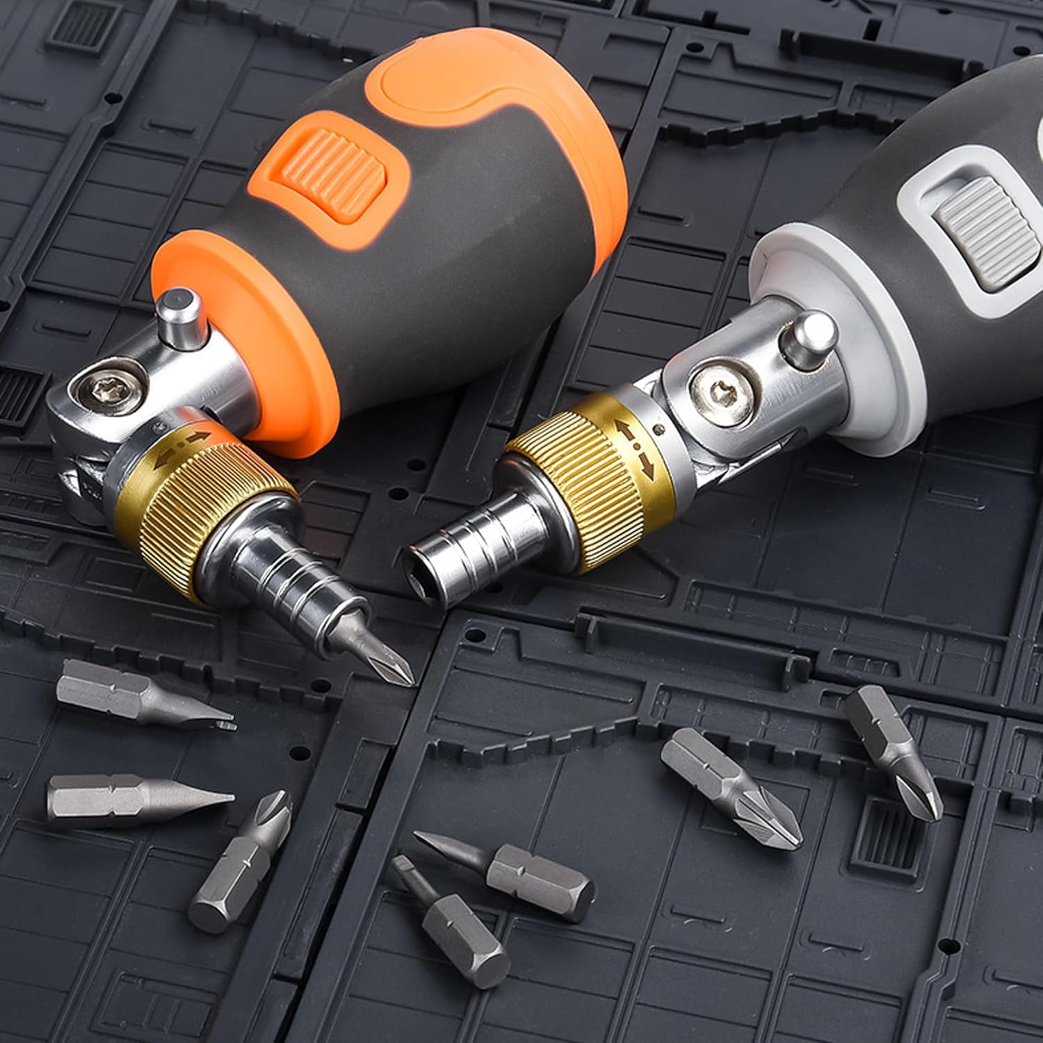 CATPAN 8-in-1 Magnetic Ratcheting Screwdriver Set with Phillips/Torx/Hex/Square Heads ,180° Pivoting Angle, Compact Electrician & DIY Hand Tool Kit Small Mini Set (Orange)