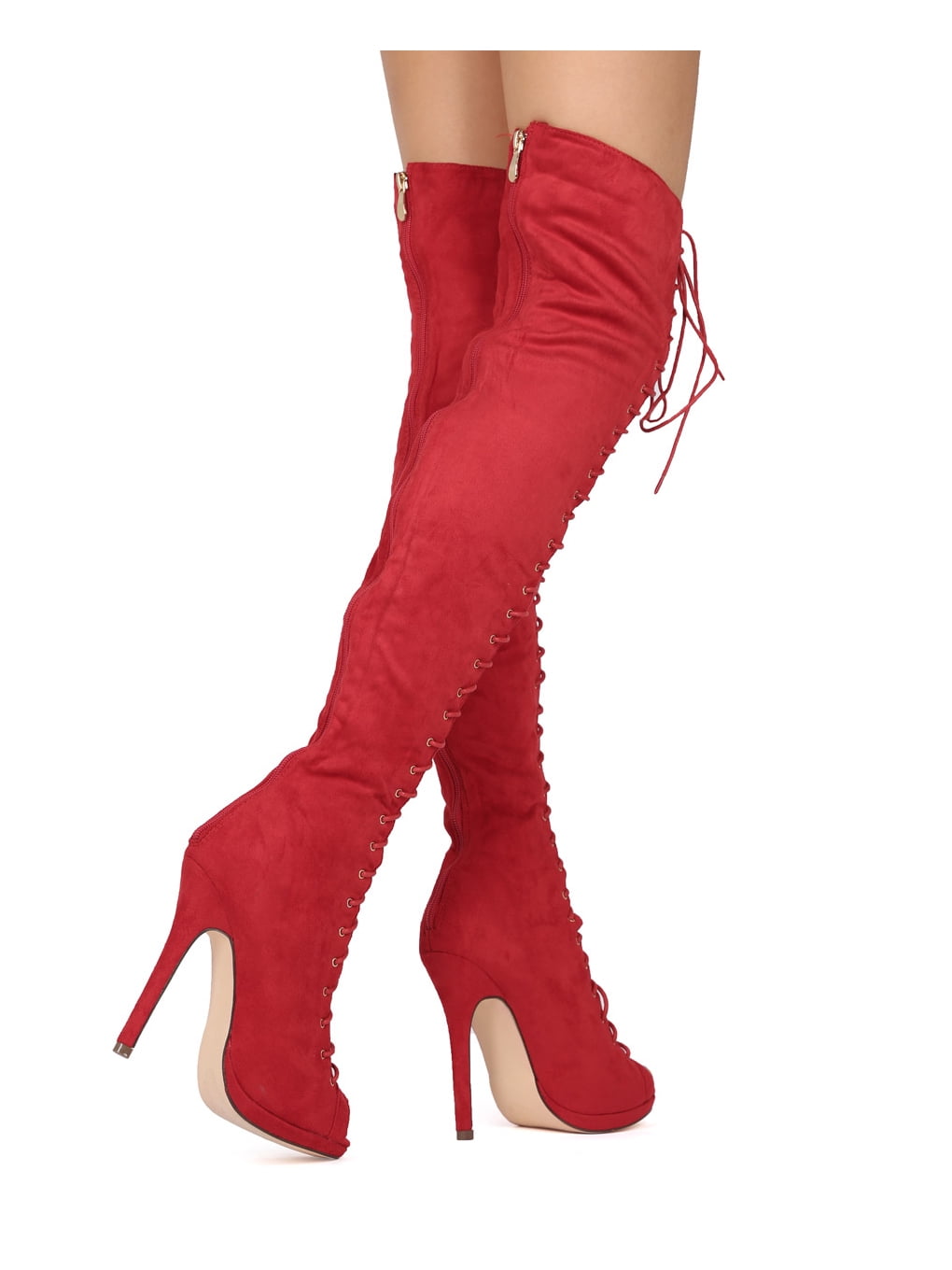 Liliana FC02 Faux Suede Thigh High Peep Toe Lace Up Stiletto Boot Liliana FC02 Faux Suede Thigh High Peep Toe Lace Up Stiletto Boot