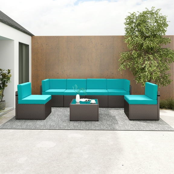 Kinbor 7Pcs Outdoor Furniture Set Wicker Sectional Sofa Patio Conversation Sofa Set Turquoise Cushions