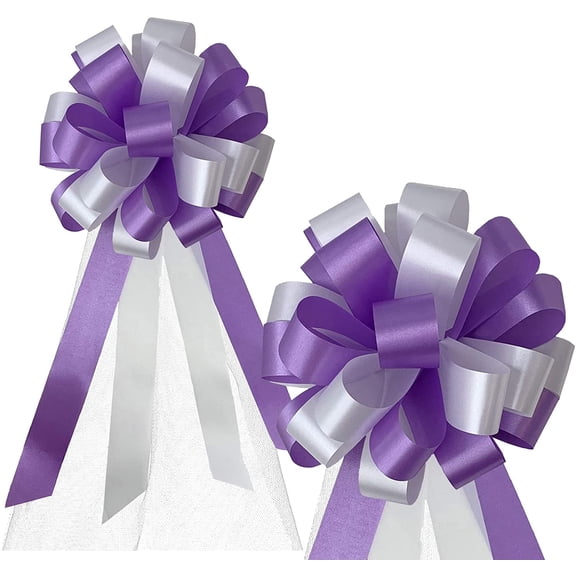 White & Lavender Pull Bows with Tulle Tails - 8" Wide, Set of 6, Easter, Spring, Wedding Pew Bows, Mother's Day, Aisle Decor, Reception, Anniversary, Birthday, Fundraiser, Church, Basket, School