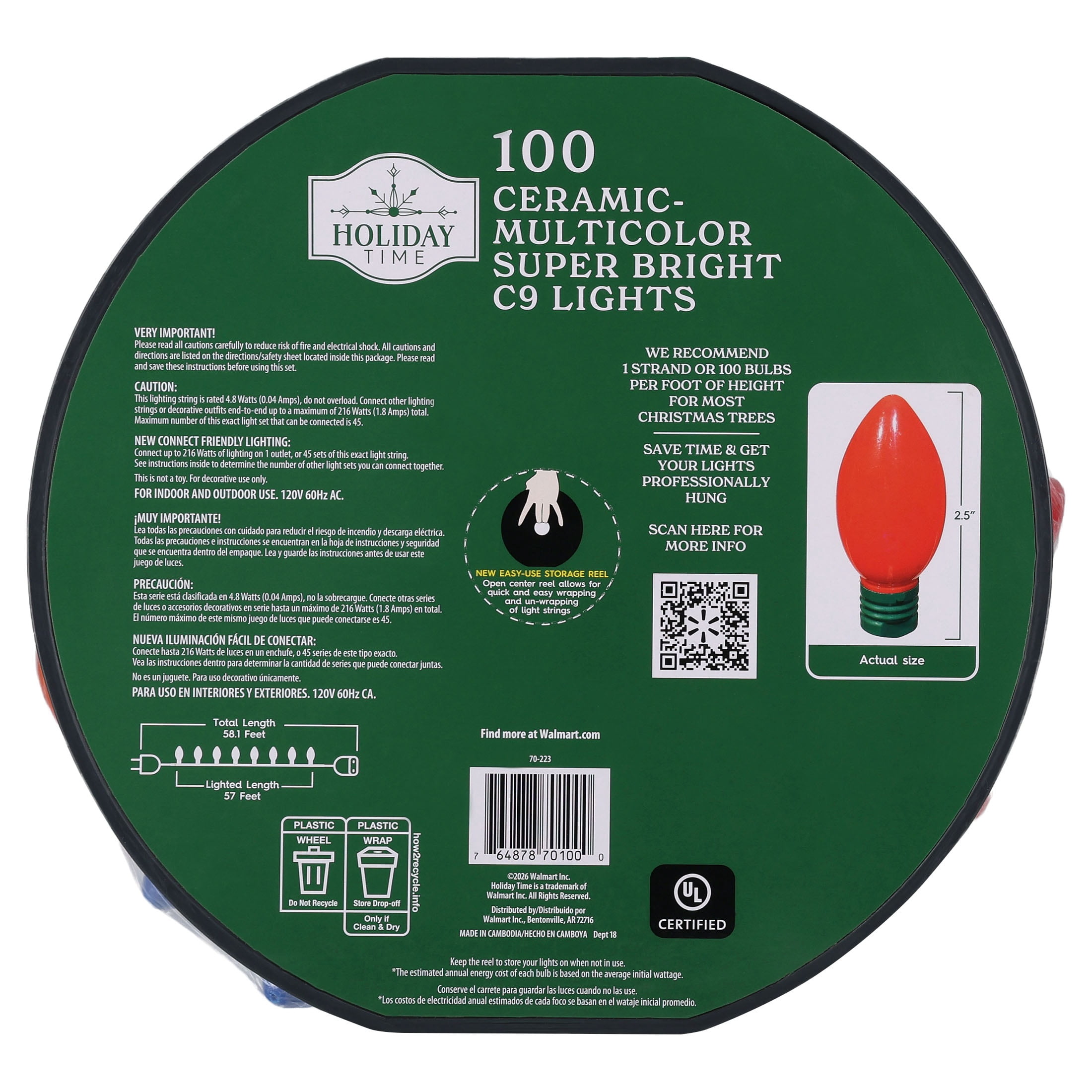 Indoor/Outdoor 100-Count LED Smooth C9 Christmas String Lights, Ceramic Multicolor, Green Wire, 57', by Holiday Time