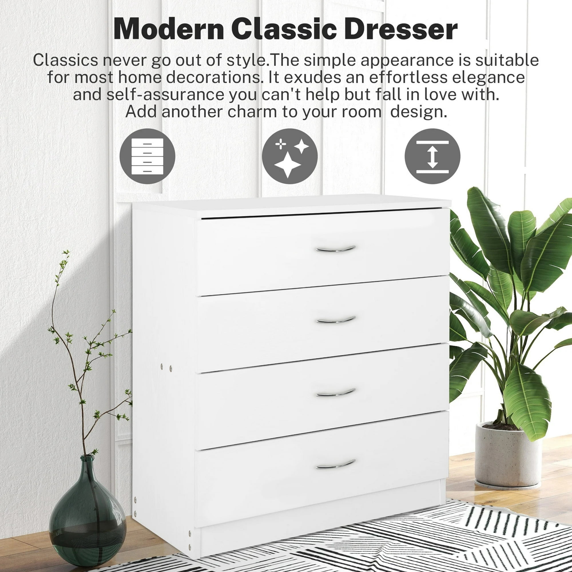 Enyopro 4 Drawer Dresser for Bedroom, White Wooden Chest of Drawers, Modern 4 Drawer Chest Storage Dresser for Closet, Living Room, Hallway