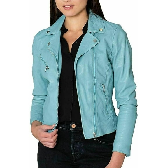 Women's Genuine Blue Lambskin Leather Jacket Motorcycle Slim fit Biker Jacket W394