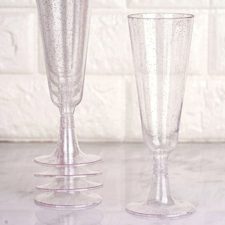 Plastic Beverage Glass Efavormart 60 Pack 5 oz Glittered Clear Champagne Flute Cocktail Disposable Plastic Glasses ()