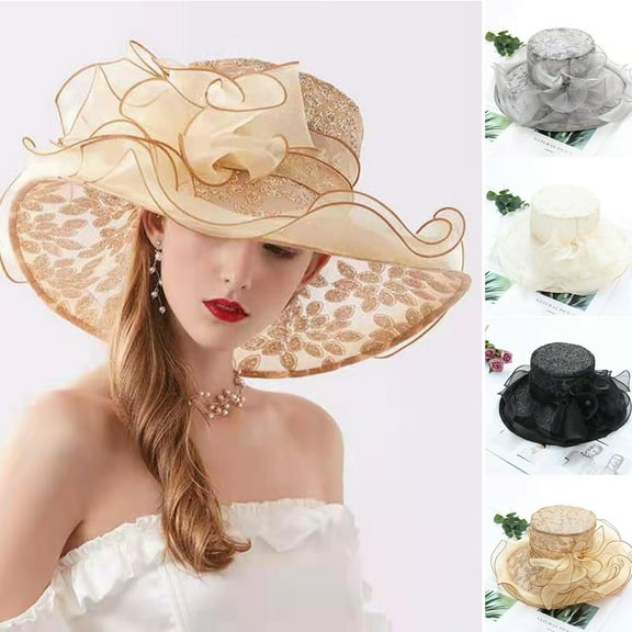 ruhuadgb Women Church Cap Wide Brim Cloth Flower Foldable Hot Stamping Sequins Sun Hat for Wedding