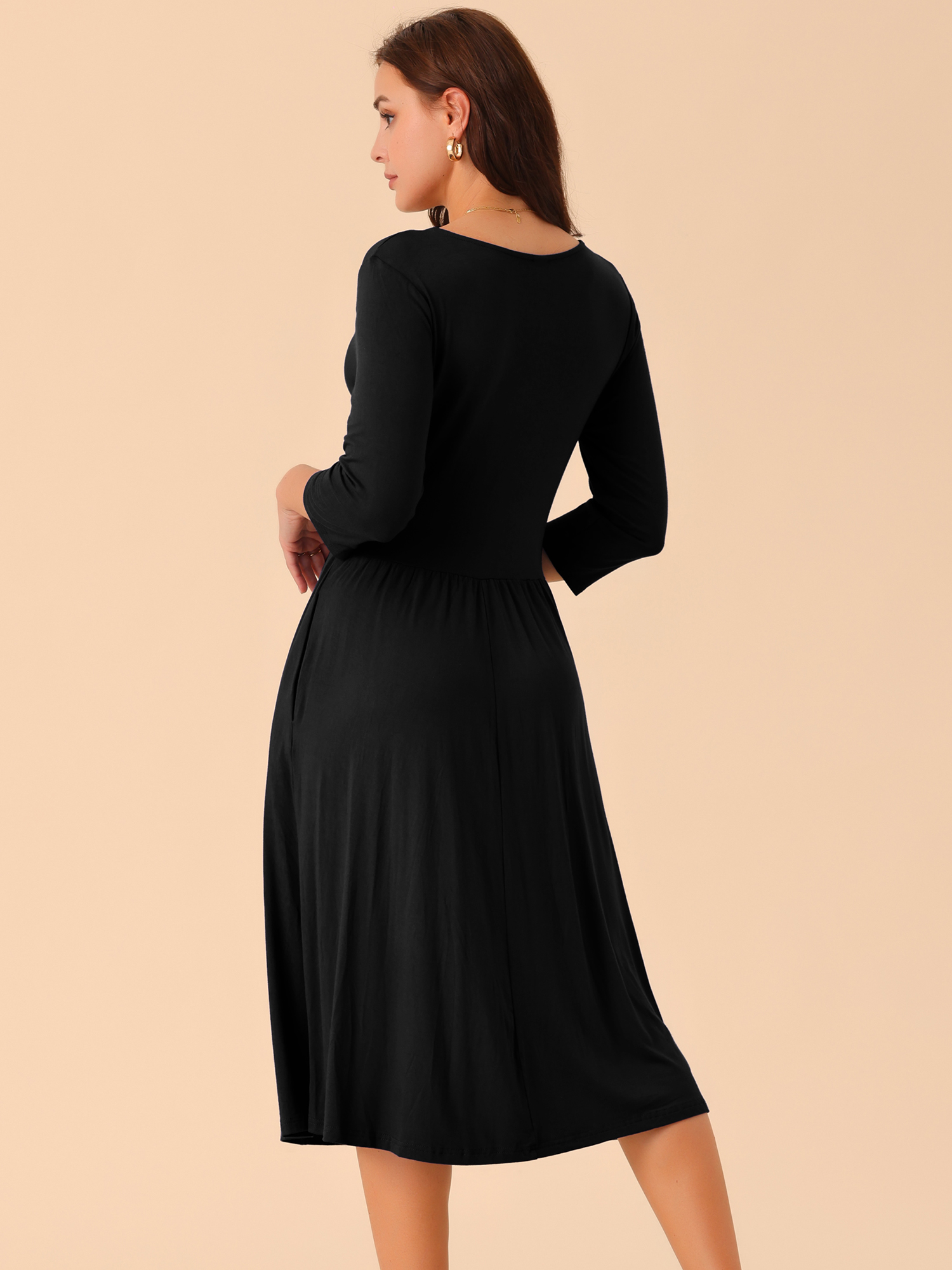 DARING DIVA 3/4 Sleeve Twist Knot Front V Neck A-line Midi Dress S Black
