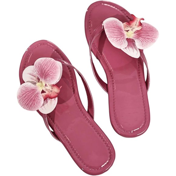 SHIQI-Women's 3D Floral Slip on Flip Flops Holiday Beach Leather Flat Sandals, Hot Pink, 10.5