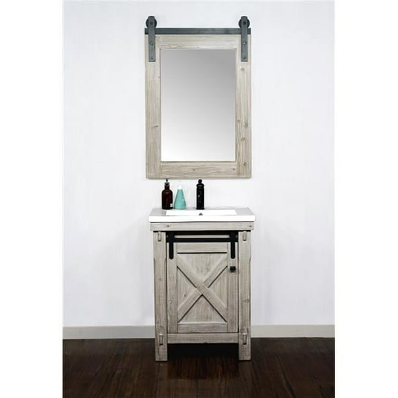 InFurniture WK8524 24 in. Rustic Solid Fir Barn Door Style Vanity with Ceramic Single Sink, Driftwood - No Faucet - 24 x 34 x 18.5 in.