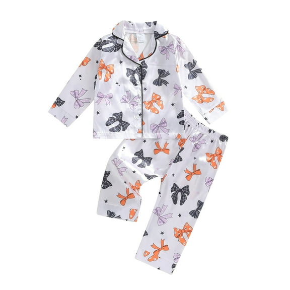 Cjfdfy Toddler Baby Girl Boy Halloween Silk Stain Pajamas Set Kids Girls PJS Set Sleepwear Fall Winter Clothes Pumpkin Bow Print Long Sleeve Button Down Shirt with Long Pants Set Loungewear 1-10Y