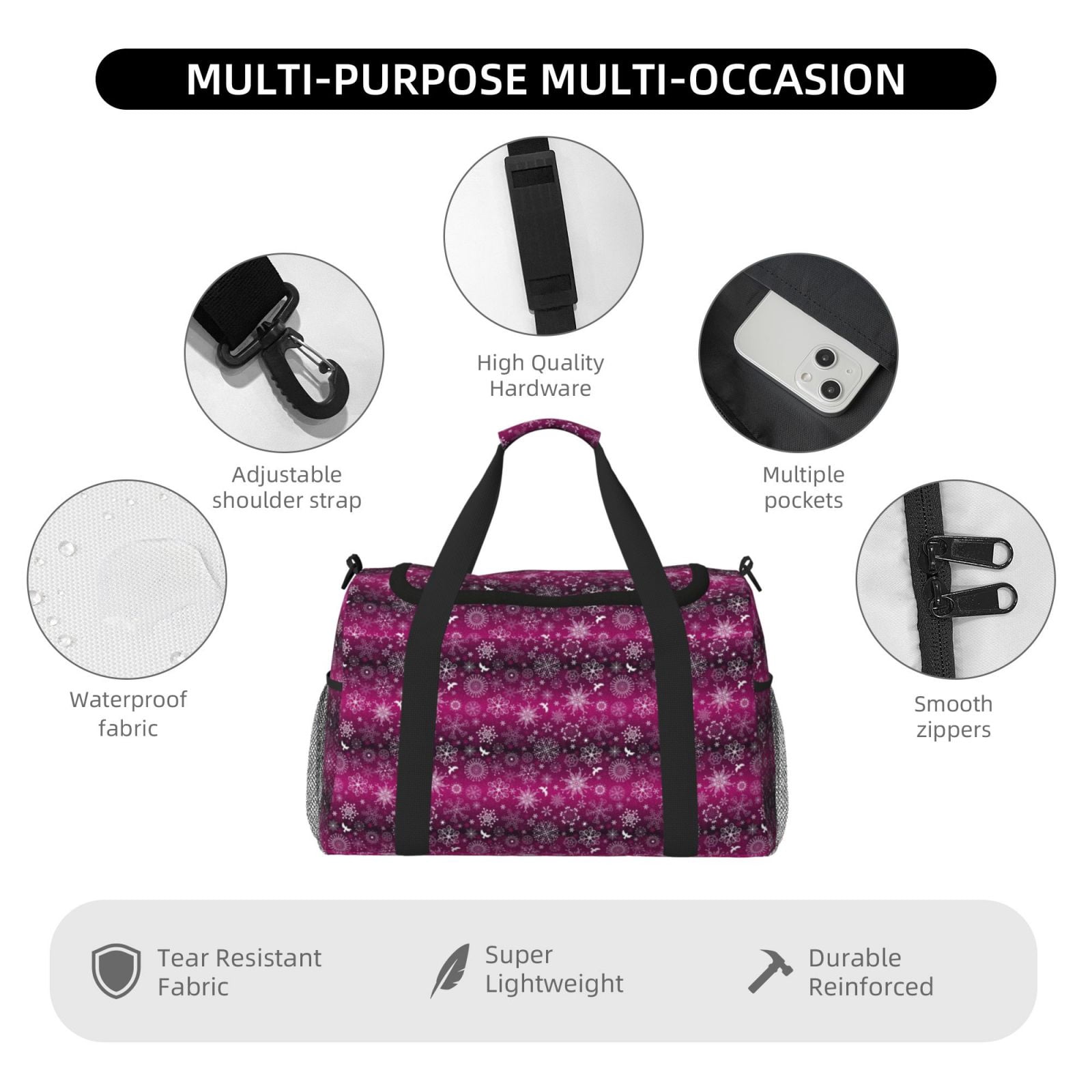 Fuzoiu Snowflakes And Christmas Print Travel Duffle Bag,Carry On Tote Bags,Duffel Bag,Sport Gym Bag, Hospital Bag for Labor and Delivery, Overnight Bag,Luggage Bag