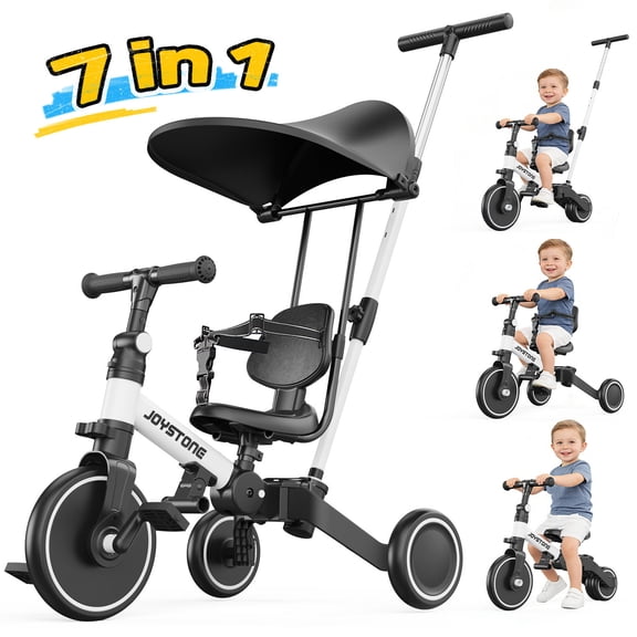 JoyStone 7 in 1 Foldable Tricycle for Toddlers with Adjustable Canopy, Detachable Backrest, Adjustable Seat and Handle and Parental Control Handle, Balance Bike for 1-4 Year Old Boys and Girls, White