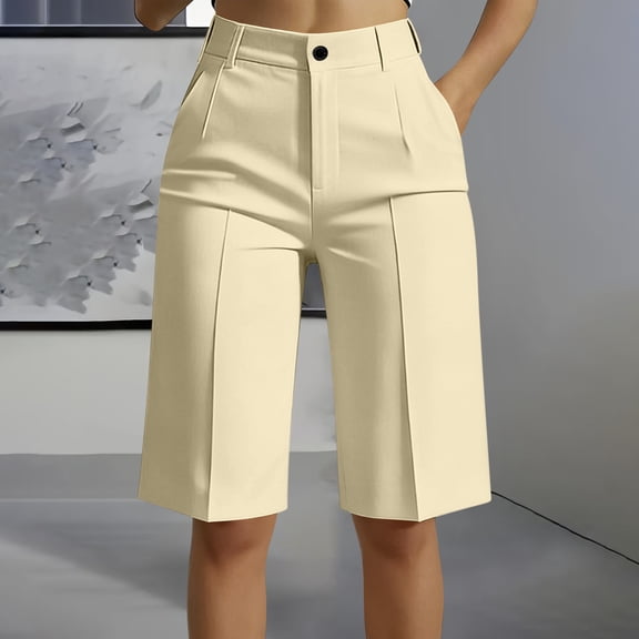 hlysgo Bermuda Shorts for Women Knee Length High Waisted Cotton Elastic Wasit Summer Dressy Casual Long Chino Shorts Khaki,XL