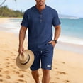 thumbnail image 4 of Summer Matching Set for Men Henley Neck Short Sleeve Shirts Shorts 2 Piece Casual Set Solid Color Relaxed Tracksuits XL, 4 of 9