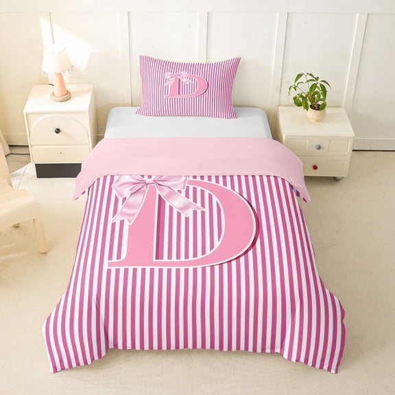 Feelyou Bow Letter D Twin Bedding for Girls, Pink Stripes Line Duvet Cover Set, Pink Reversible, 1 Duvet Cover and 1 Pillowcase (No Comforter)