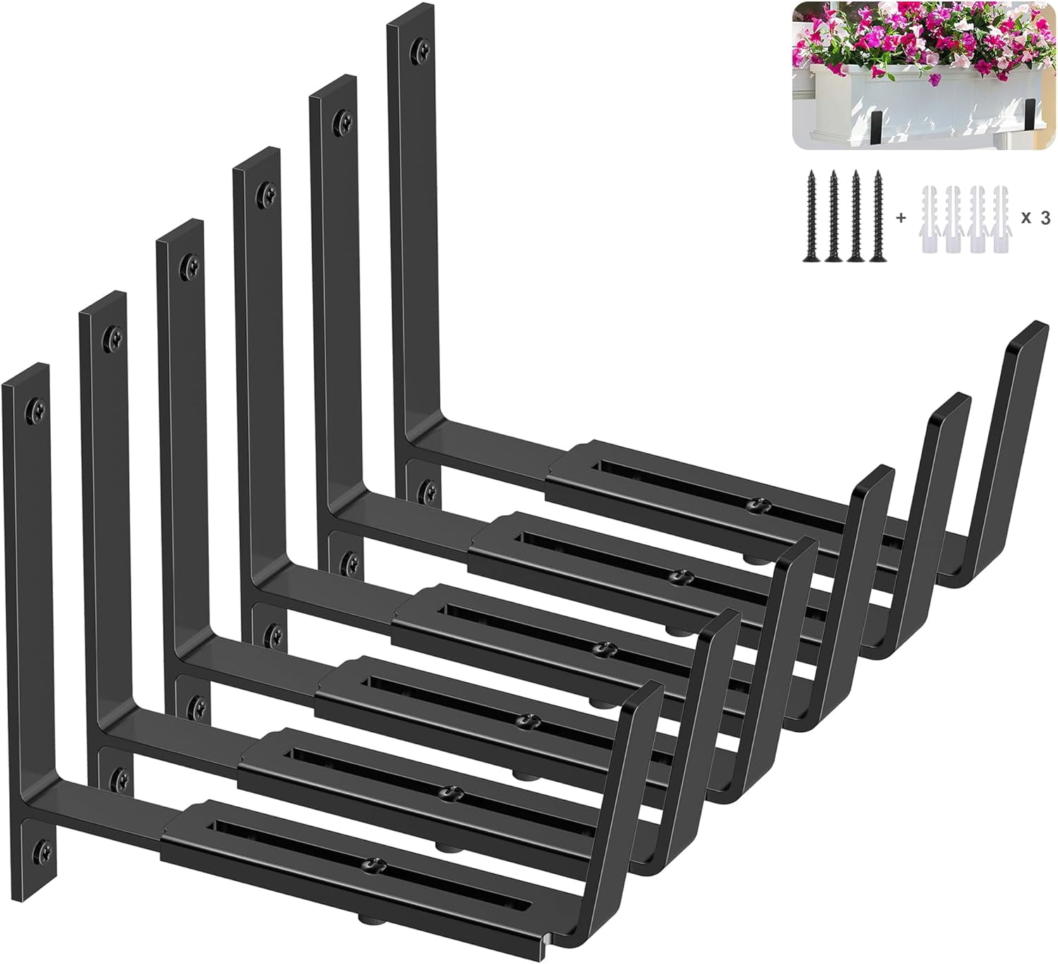 Adjustable Planter Box Brackets (6 to 12.5 in), Universal Window Box Brackets, Heavy Duty Iron Flower Box Wall Mounting Hooks for Balcony, Fences, Patio, and Garden