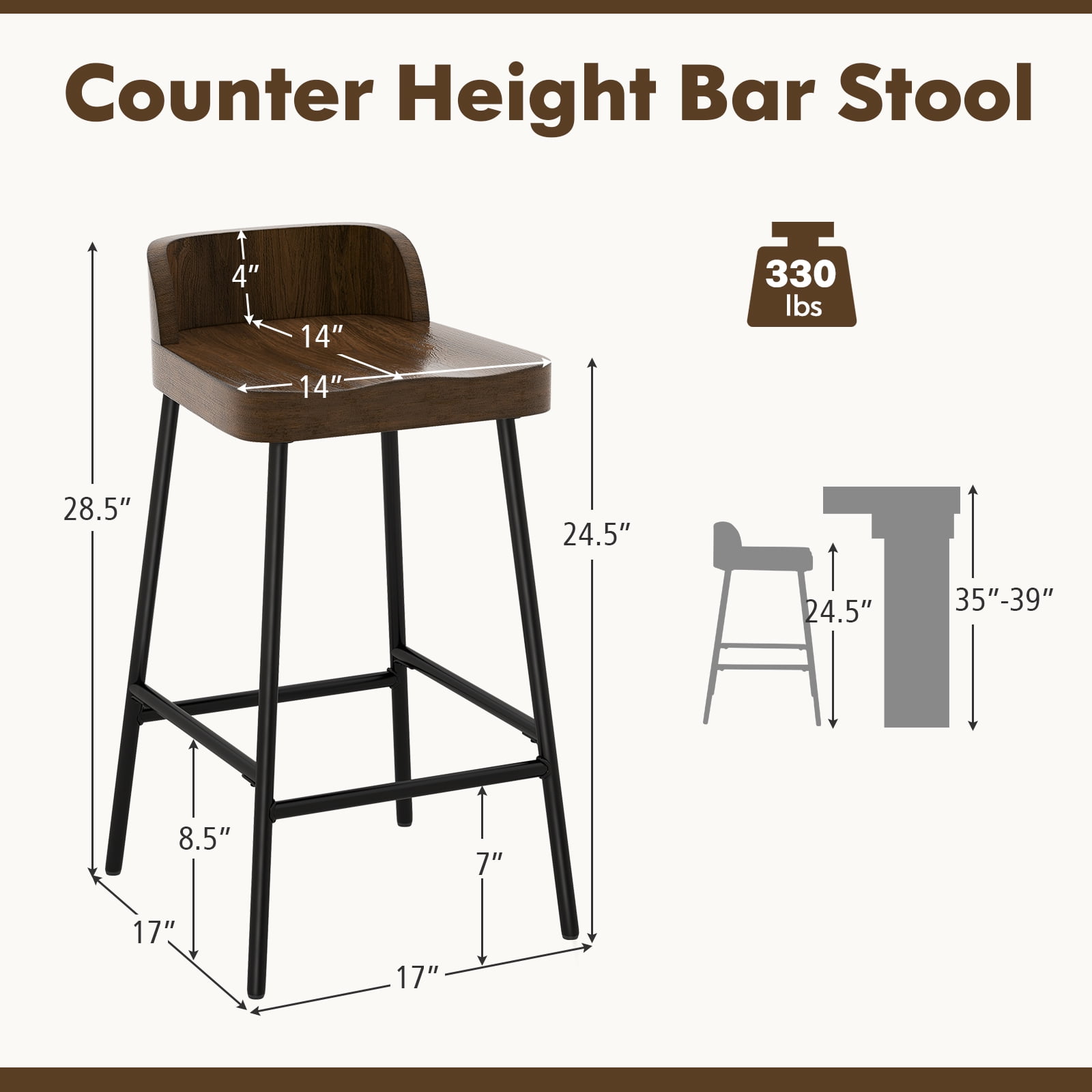 Giantex Low Back Bar Stool w Curved Seat Industrial Breakfast Counter Height Chair w Adjustable Foot Pads 2