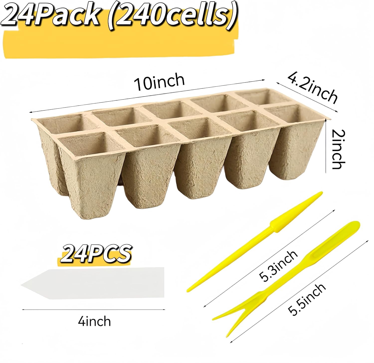 240 Cells Seed Starter Tray 24 Packs Biodegradable Peat Pots Germination Trays Organic Starting kit with Labels 2 Transplant Tools
