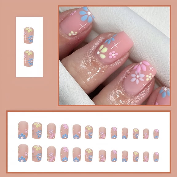 RAGUPEL Press on Nails Short Style Square French Tip Nails Summer Multi Color Flowers Nail Stickers 24 Count with 1ml Glue, Pink