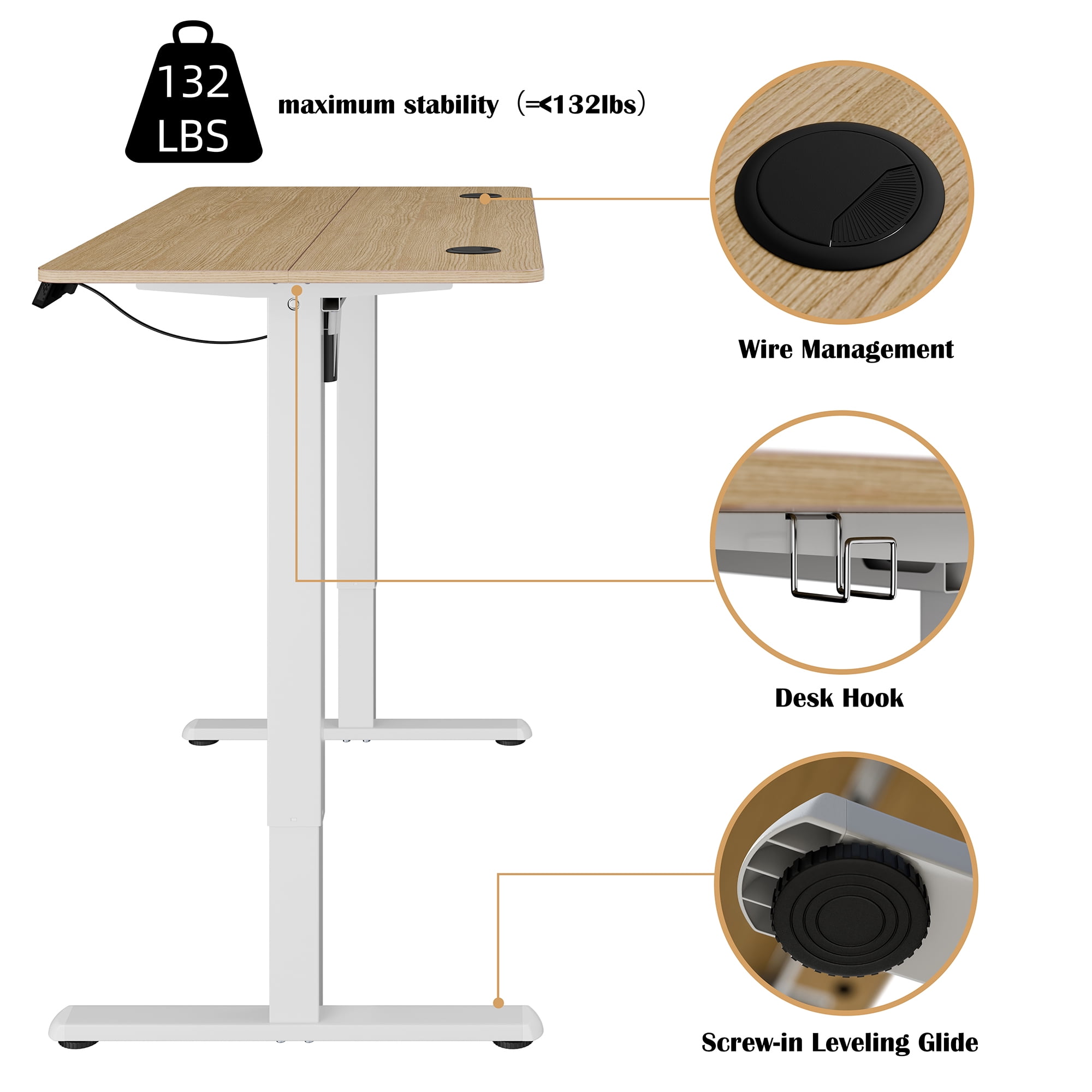Walsunny Electric Standing Desk, Adjustable Height Gaming Desk, 48 x 24 Inches Ergonomic Stand Desk with Electric Lift, Home Office Desk with White Frame/Walnut Top