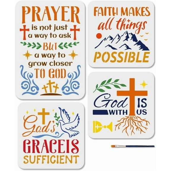 4 PCS Christian Bible Verse Stencils Faith Reusable Painting Stencils Mountains Crucifixion Drawing Templates with Paint Brush for Wood Furniture Wall Canvas DIY Scrapbook Album Multi-color