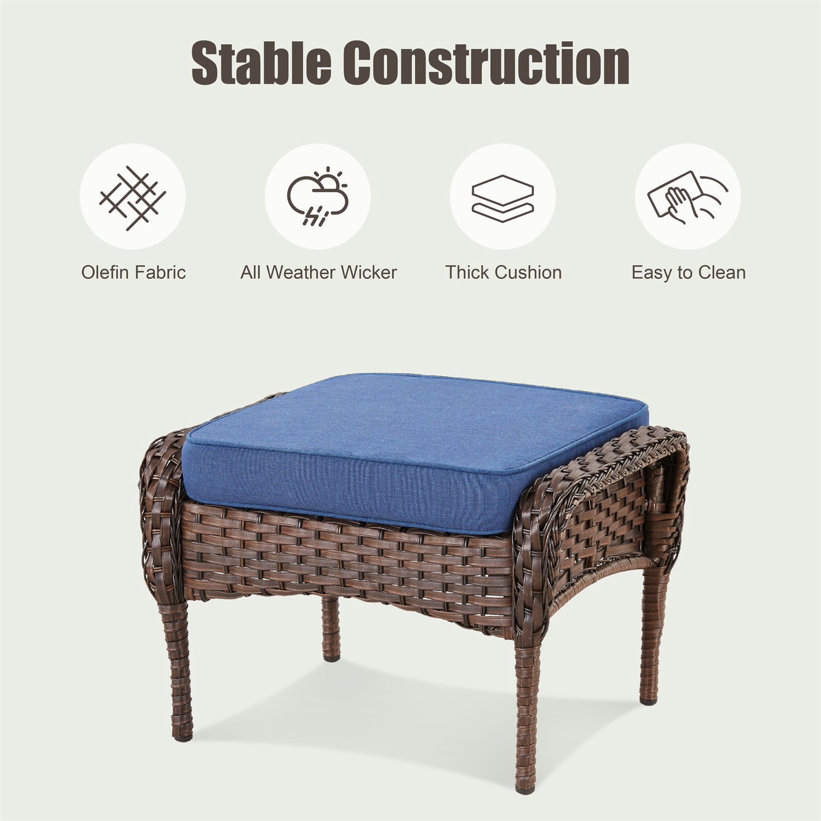 Hommoo Outdoor PE Wicker Ottomans Set of 2, Patio Brown Rattan Footrests with Cushion for Backyard or Deck, Blue