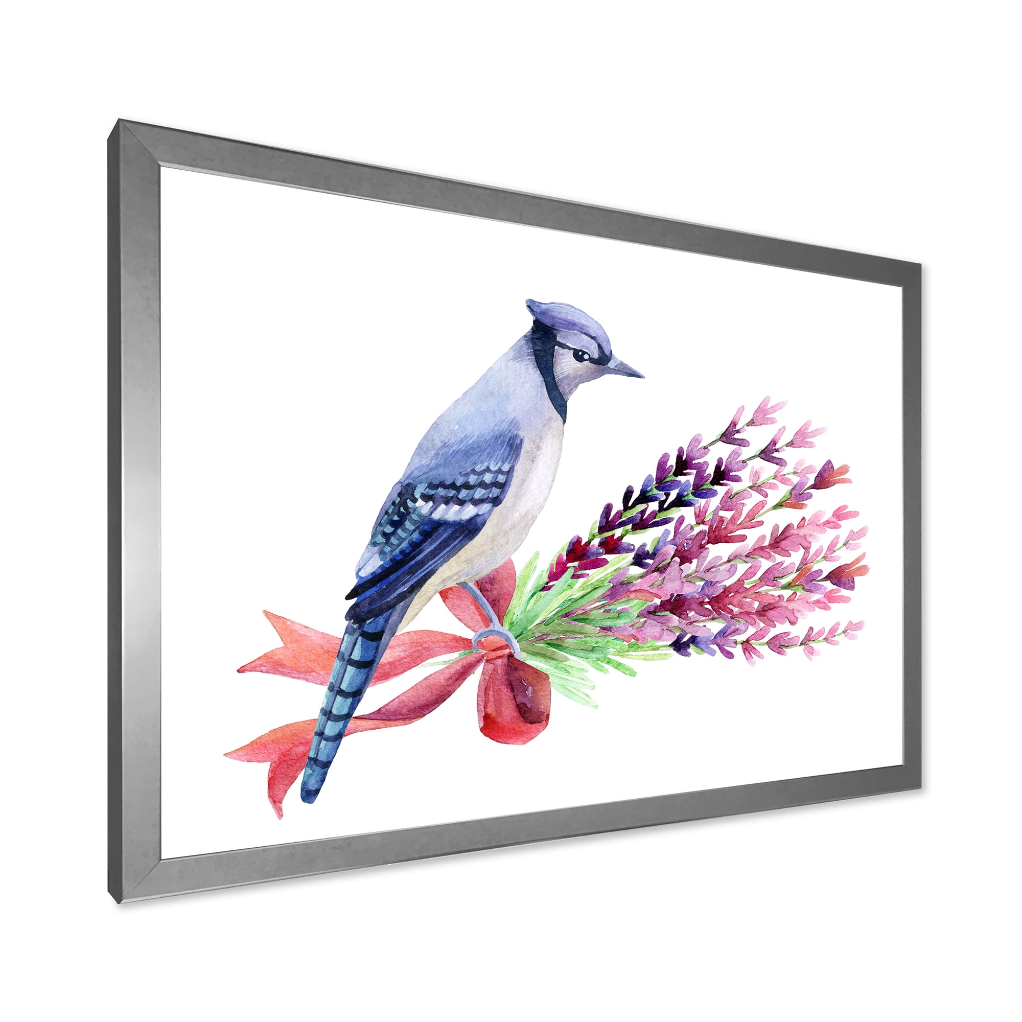Designart 'Blue Jay Bird On Bouquet Of Pink Flowers' Traditional Framed Art Print