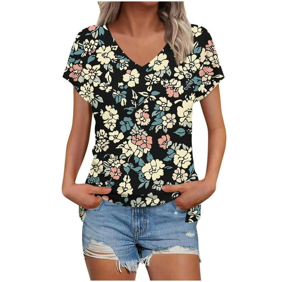 Daisy Print T-Shirts for Womens V Neck Tee Short Sleeve Tops Loose Fit Tunic Blouses Cute Gym Workout Clothes