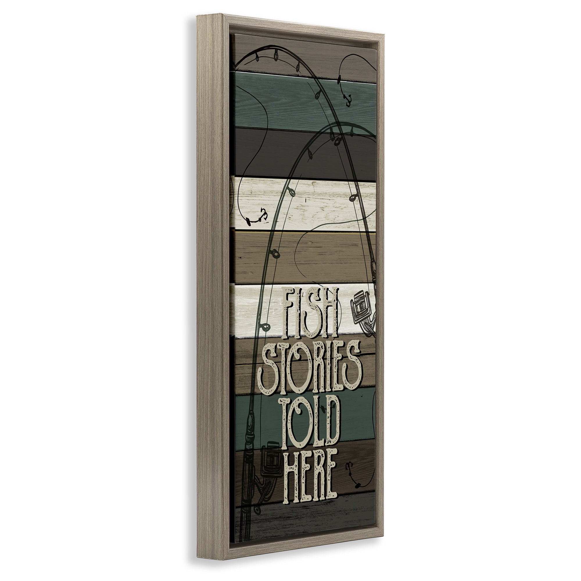 Stupell Industries Rustic Fishing Stories Phrase Inspirational Painting Brown Floater Framed Canvas Art Print Wall Art, 11 x 25