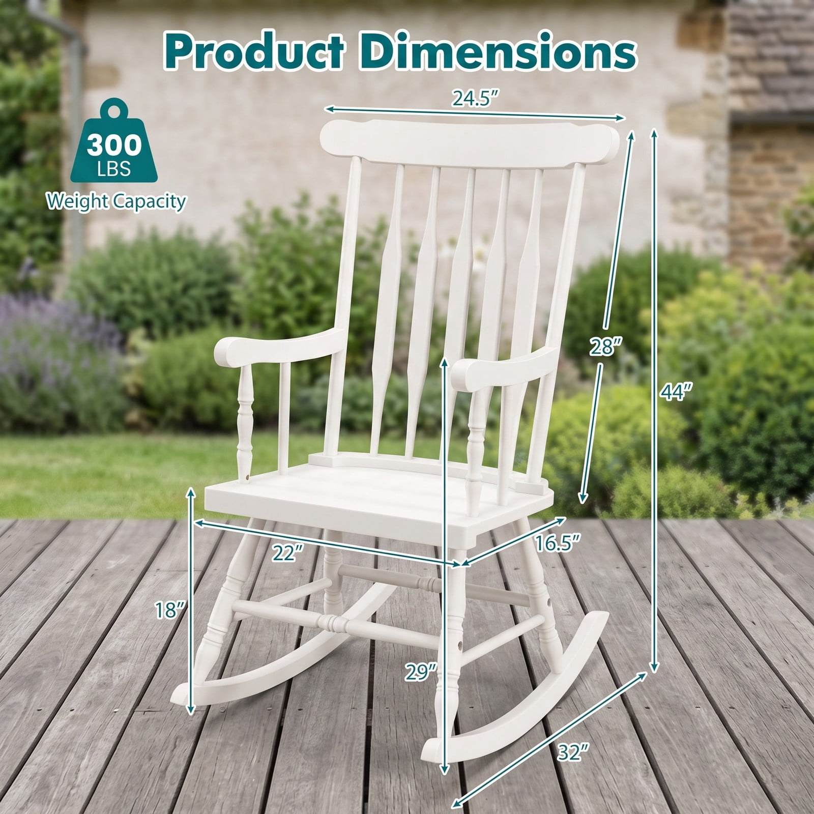 Furnibear Rocking Chair with Solid Rubber Wood Frame and Classic Spindle Back for Indoor Living Room, Front Porch and Patio, White