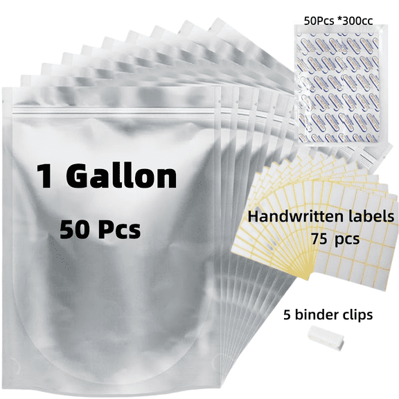 50 Pack 1 Gallon Mylar Bags, Heavy Duty Stand Up Zipper Pouches for Dry Goods & Supplies with 50 Oxygen Absorbers