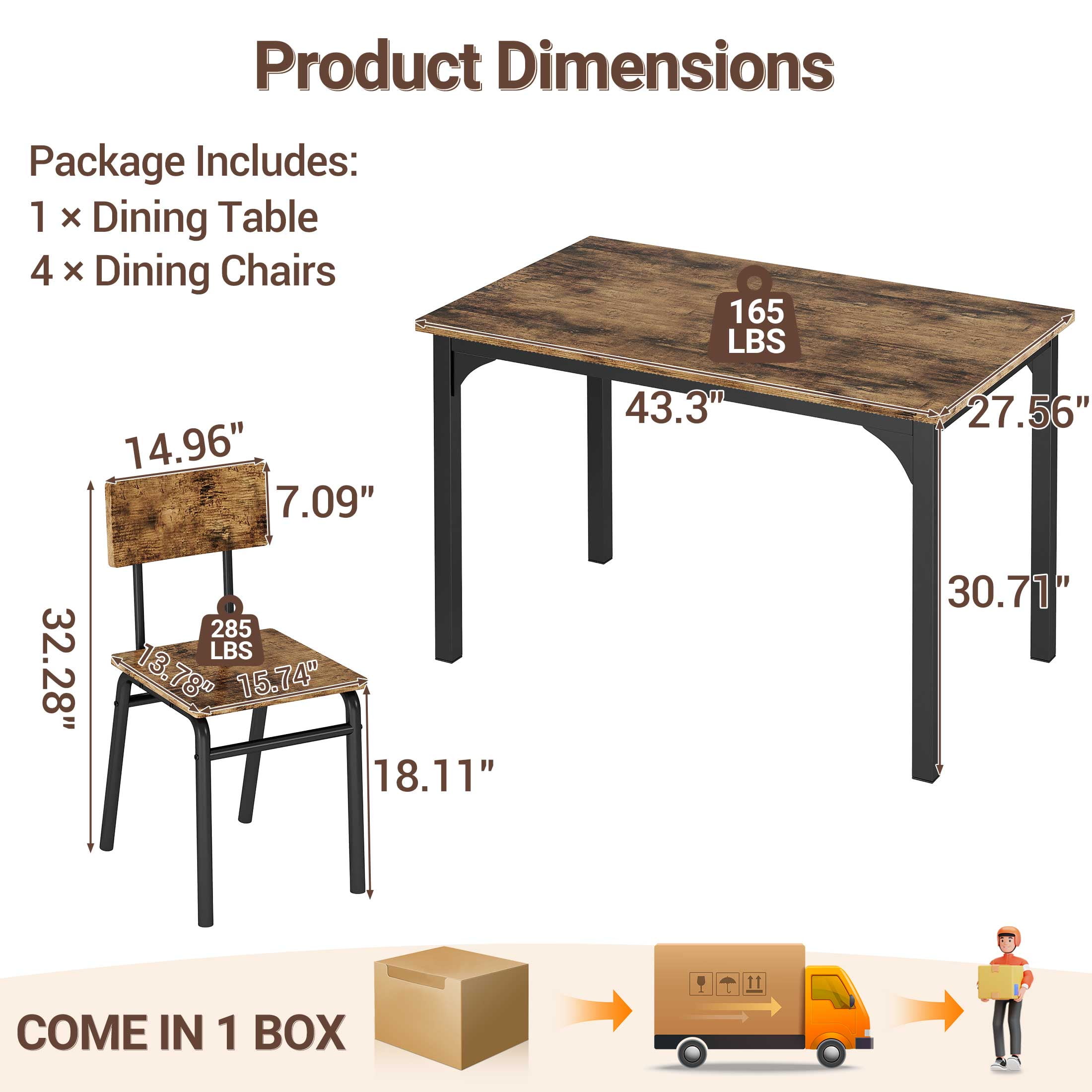 PAPROOS Dining Table Set for 4, Farmhouse Rectangle Wood Kitchen Table with 4 Wood Chairs, Dining Room Set for Breakfast Nook, Small Places, Restaurant, Brown