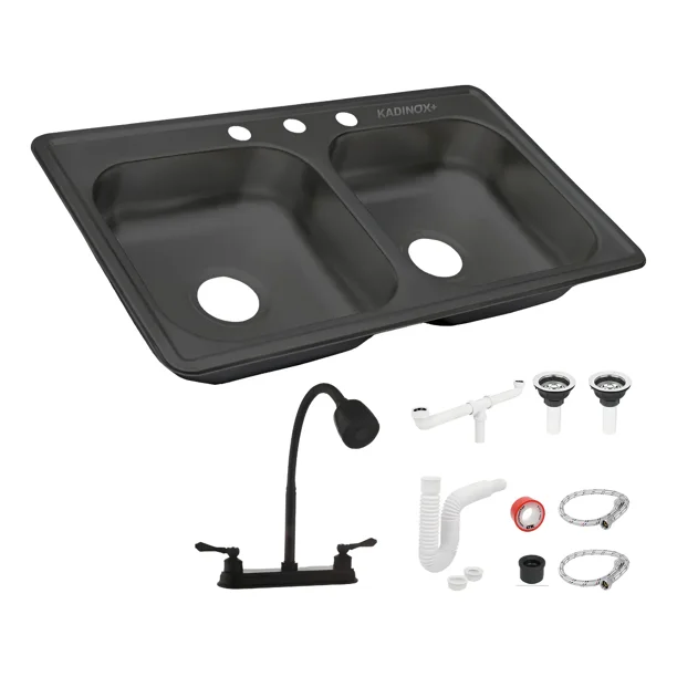 Fregadero Tarja Tina Doble Kadinox+ Acero Inoxidable 84x48 Con Kit Flexible Negro