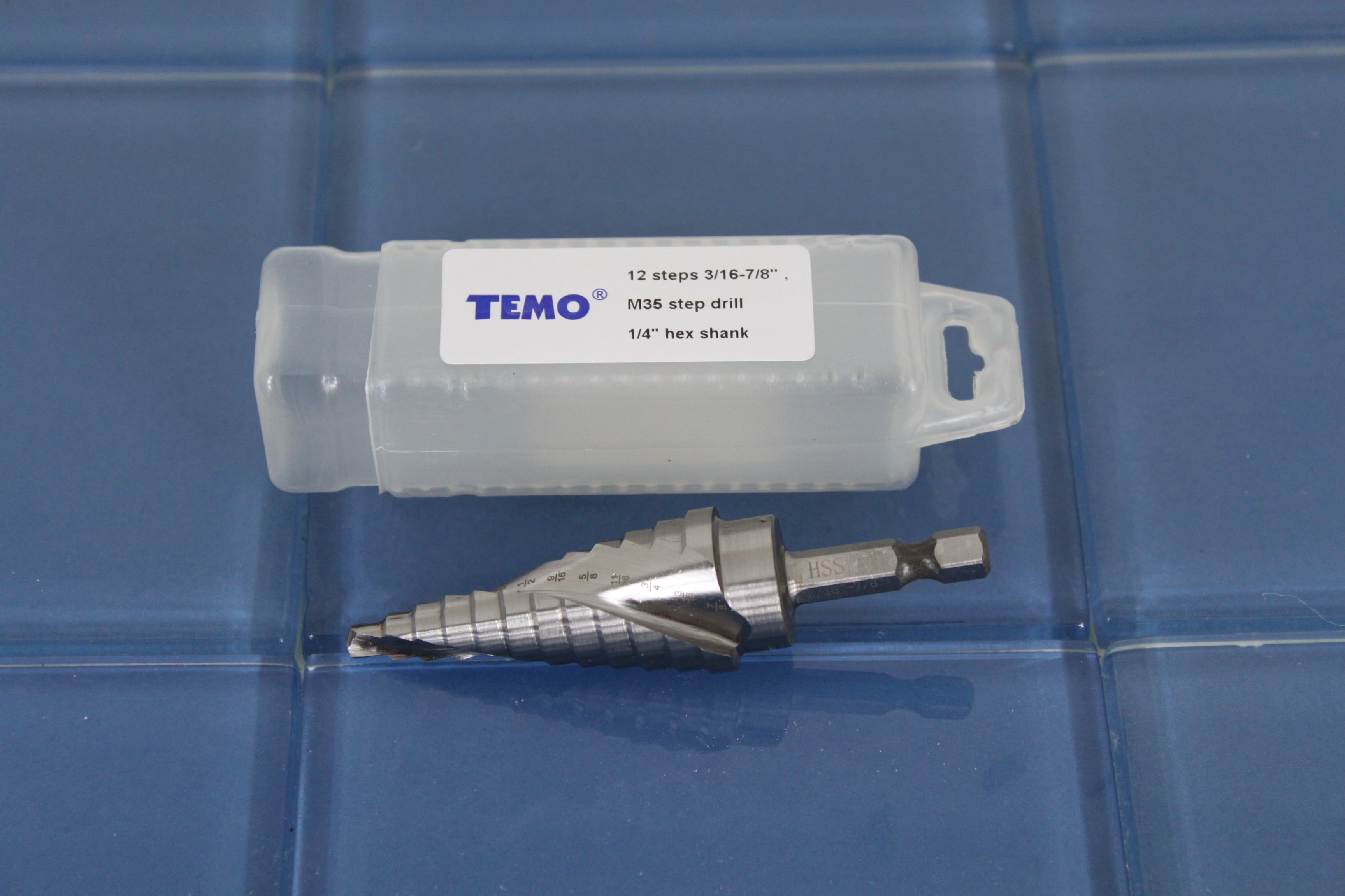 TEMO M35 Cobalt Spiral Flute Step Drill, 12 Size From 3/16 Inch (4.8 mm) To 7/8 Inch (22.2 mm), 1/4 Inch (6.4 mm) Hex Shank