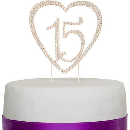 Ella Celebration Quinceañera Number 15 Cake Topper Rhinestone Metal 15th Birthday Decoration (Rose Gold)