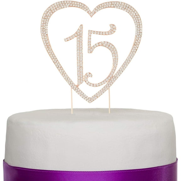 Ella Celebration Quinceañera Number 15 Cake Topper Rhinestone Metal 15th Birthday Decoration (Rose Gold)