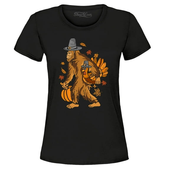 Shop4Ever Women's Bigfoot Pilgrim Turkey Pumpkin Thanksgiving Sasquatch Graphic T-Shirt XX-Large Black