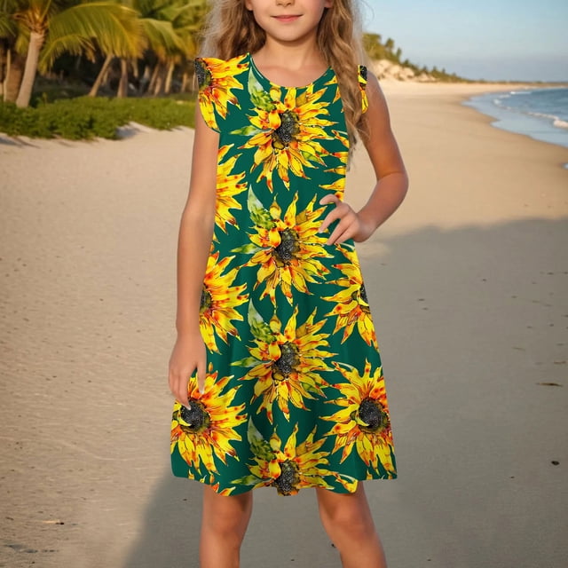 LOVZFMLL Robe d'Été à Manches à Volants pour Filles, Tenue d'Été pour Enfants 4-14T