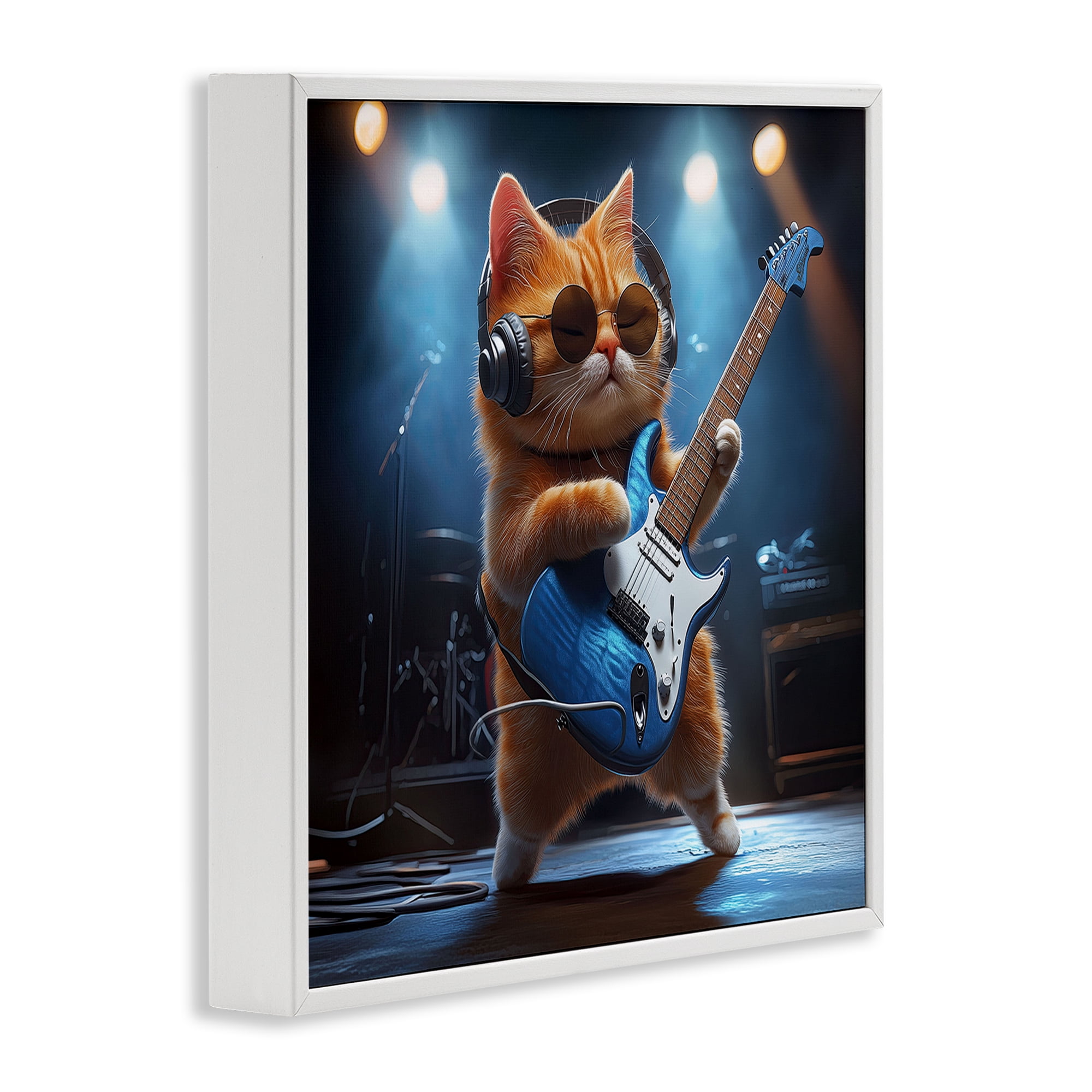 Cat Guitarist in Band White Framed Giclee Art, design by Jim Baldwin