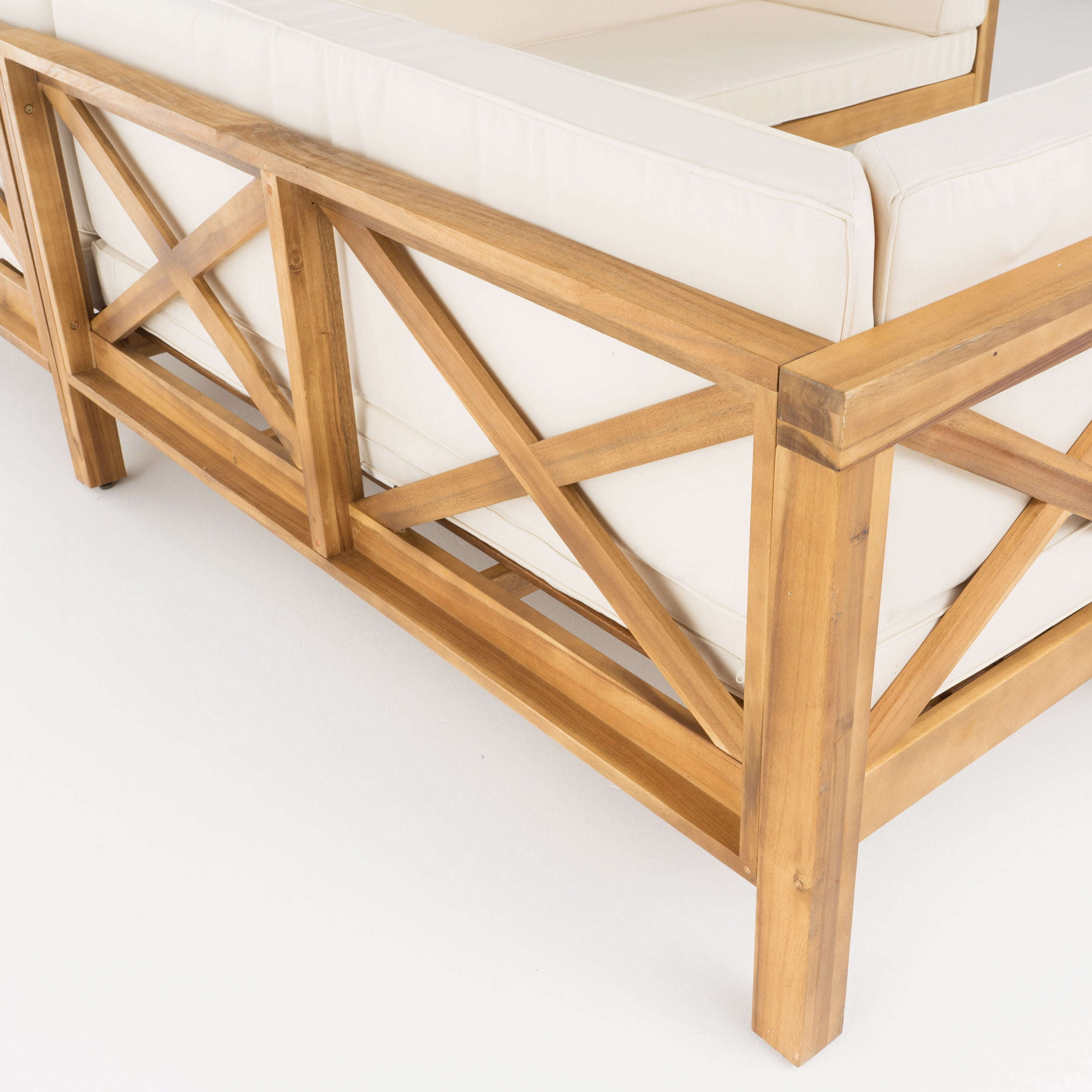 Elisha Acacia Wood Outdoor Left Arm Loveseat and Coffee Table Set with Cushion, Teak and Beige