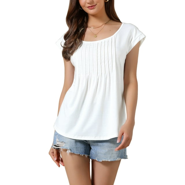Túnicas INSPIRE CHIC para mujeres, blusas casuales de verano con mangas cortas, frente plisado y cuello redondo, color blanco M