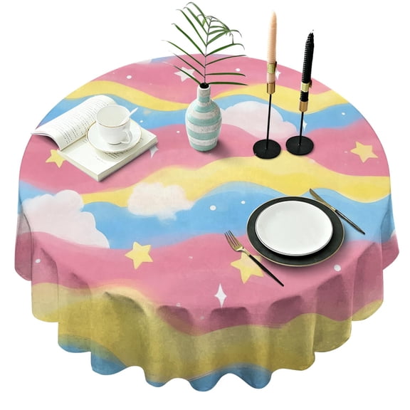 Pastel Wave Star Pattern Round Tablecloth 60"x60",Wrinkle Wipeable Table Cloth for Kitchen Dining Room Picnic Patio Party