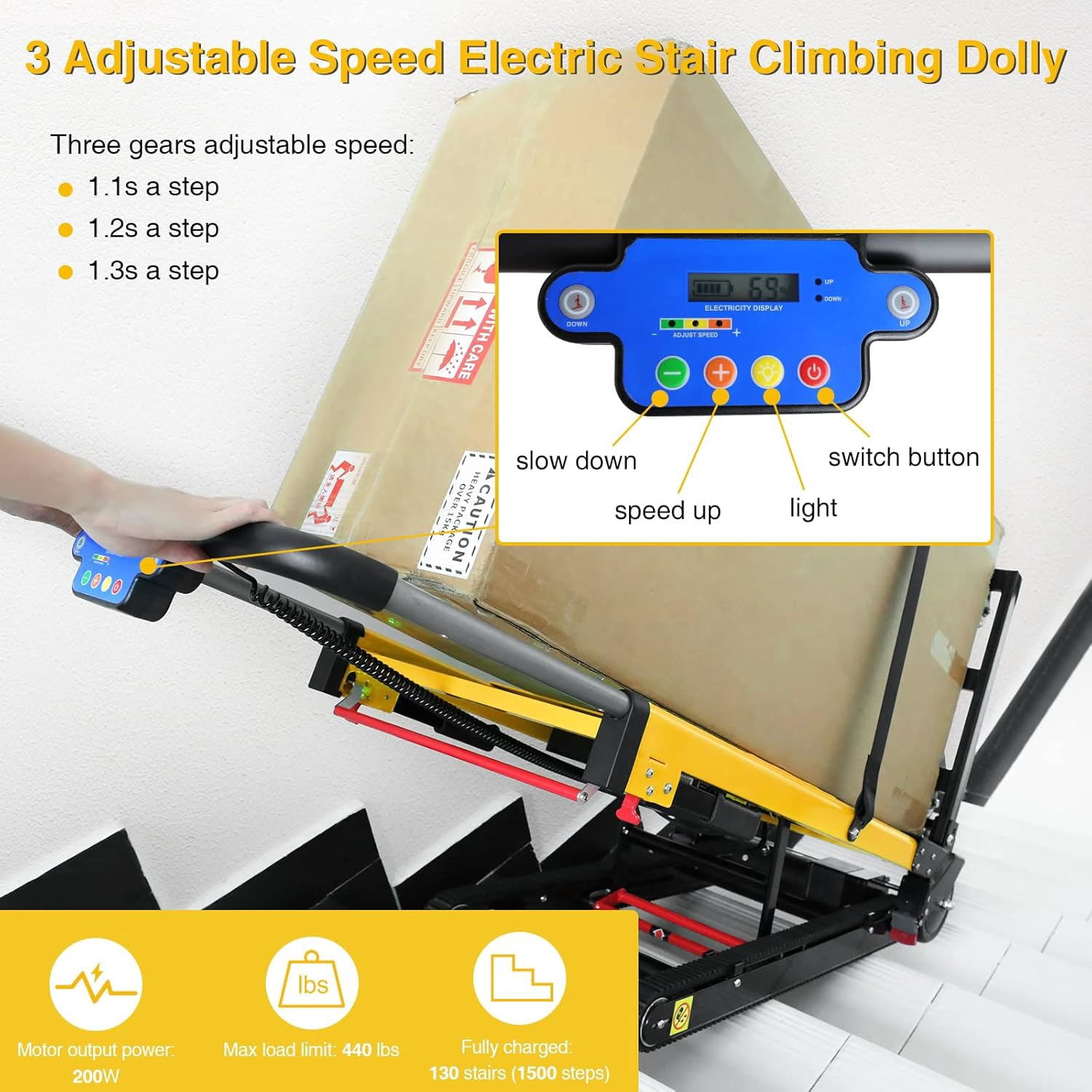 Joreek Electric Stair Climbing Hand Trucks 3 Adjustable Speeds Folding Stair Climbing Dolly Rubber Tracks for Up/Down Stairs 440lbs Max Load