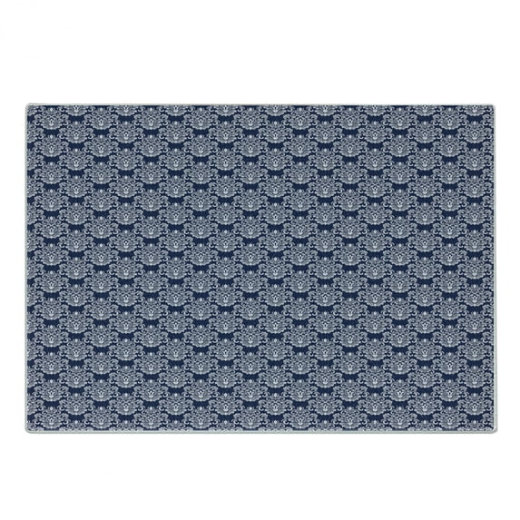 Navy Blue Cutting Board, Abstract Floral Damask with Antique Victorian Design Renaissance Flourish, Decorative Tempered Glass Cutting and Serving Board, Small Size, Dark Blue White, by Ambesonne