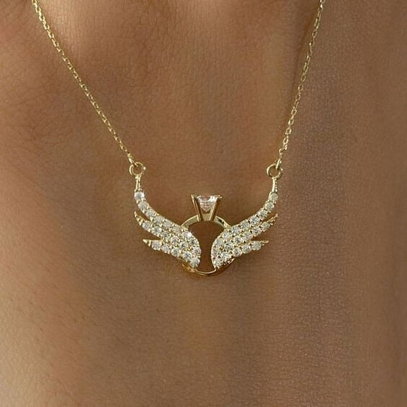 Angel Necklace Pendant 1Ct Round Cut Simulated Diamond 14k Yellow Gold Plated