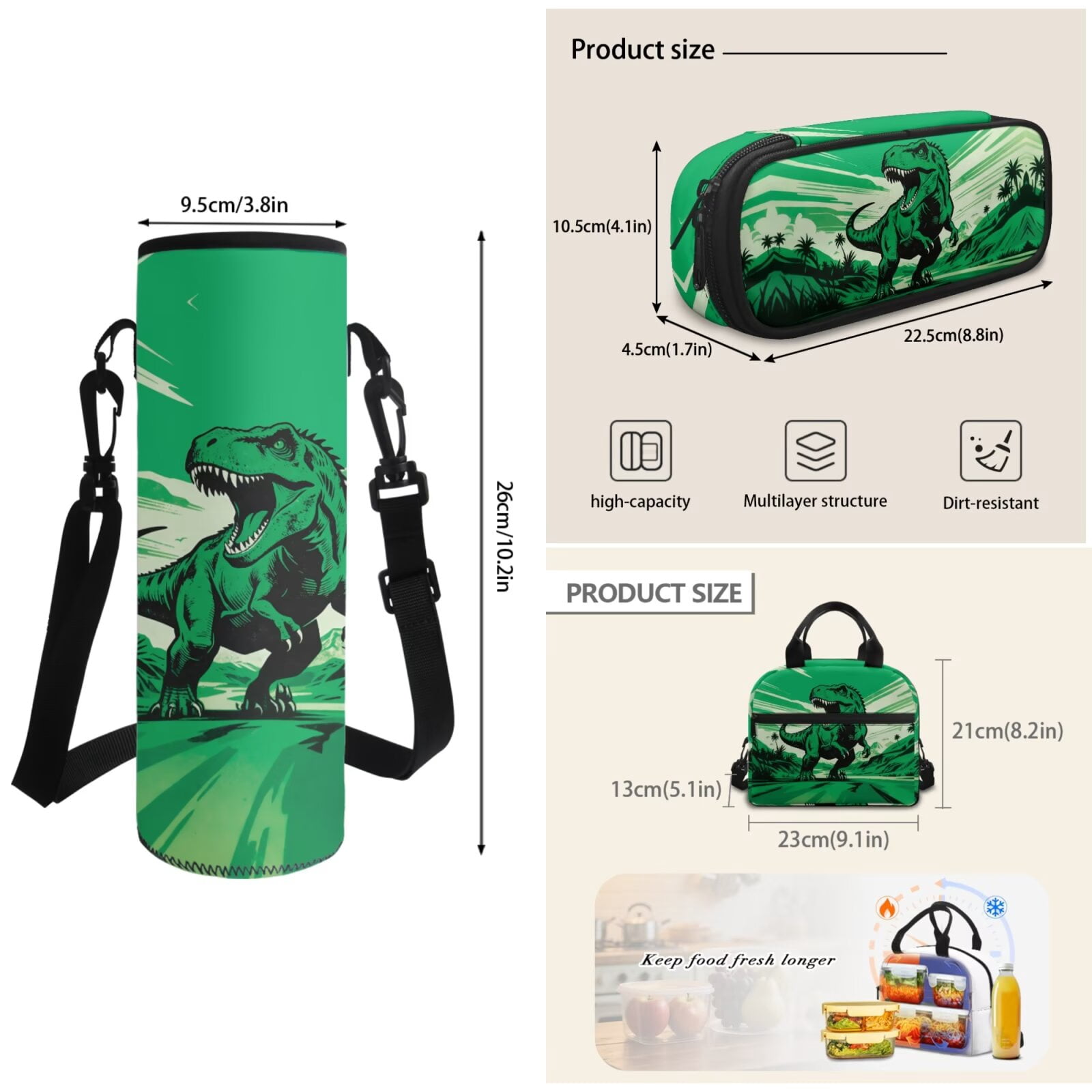 Yspwyqan 4 Piece Boys Green Dinosaur Backpack Set 17 Inch Large Capacity 600D Polyester Boys Back to School Bookbag Lunch Bag Pencil Case Water Bottle Bag for Elementary School