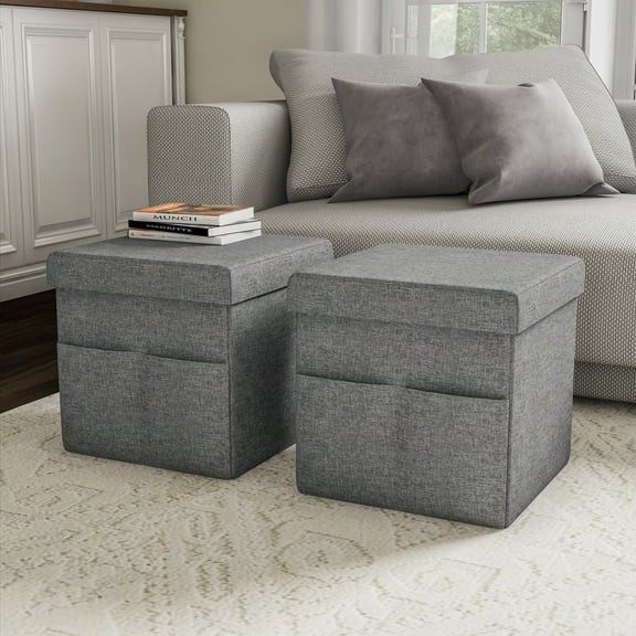 Lavish Home Set of Two 15-Inch Folding Ottomans with Storage Pockets (Dark Gray)